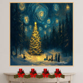 A Surreal Night Scene of a Glowing Christmas Tree with Gifts on Ready to Hang 1.5" Thick Canvas Wrap, Floating Framed Canvas, Flat Rolled Canvas
